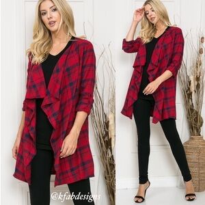 KFab Designs Red and Black Plaid Waterfall Open Cardigan